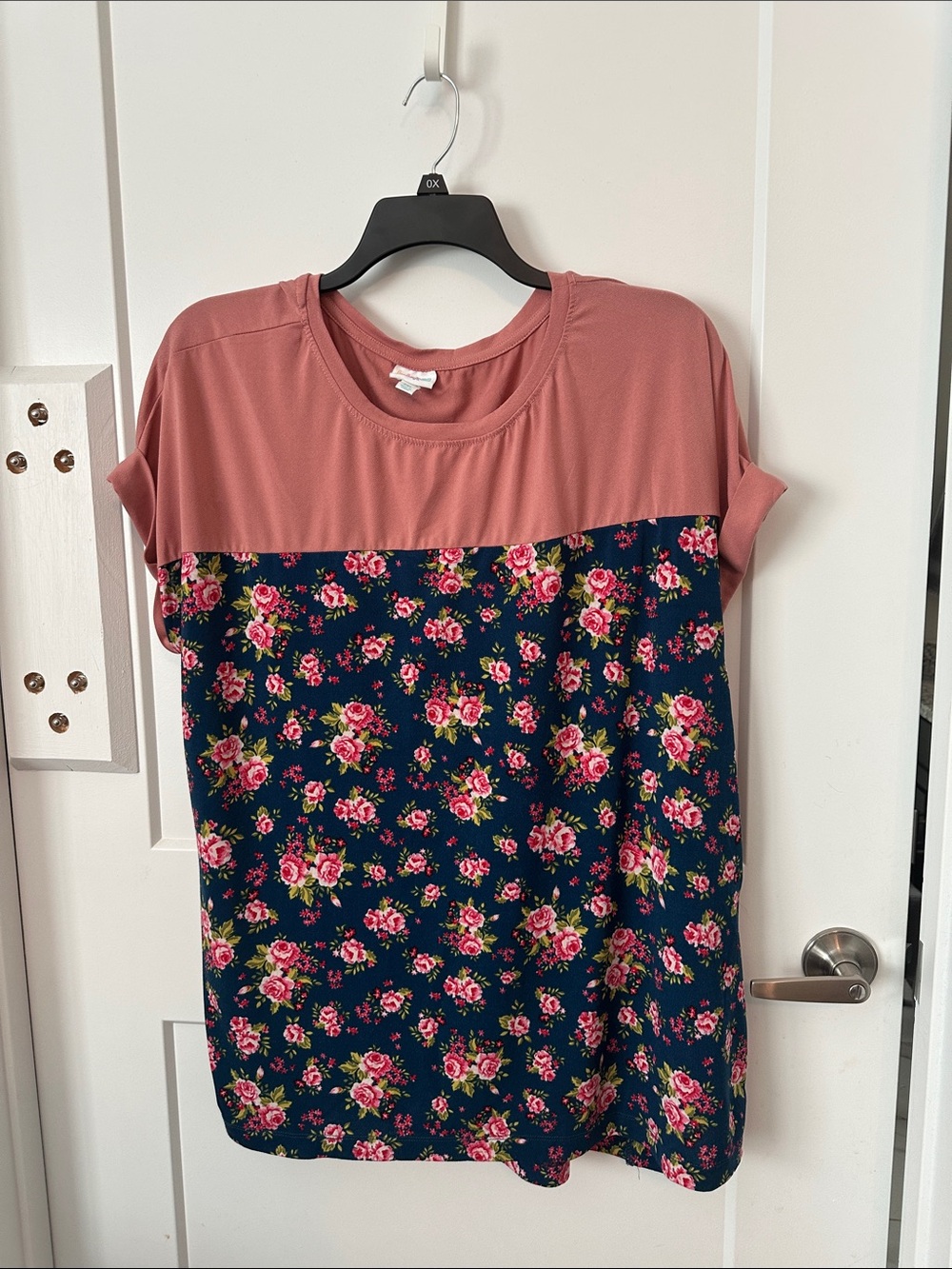 LuLaRoe Short Sleeve Floral Panel Top - Dusty Rose and Navy